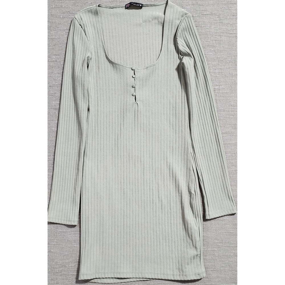 Zara Womens Sage Green Ribbed Henley Scoop Neck Long Sleeve Mini Dress Size M